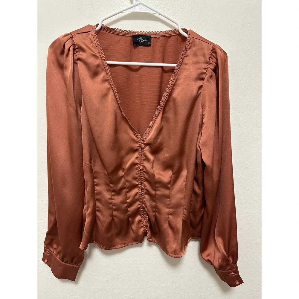 Milly Honey Bronze Satin Lace Trim‎ V Neck Button Front Puff Sleeve Blouse Top L - Picture 2 of 8